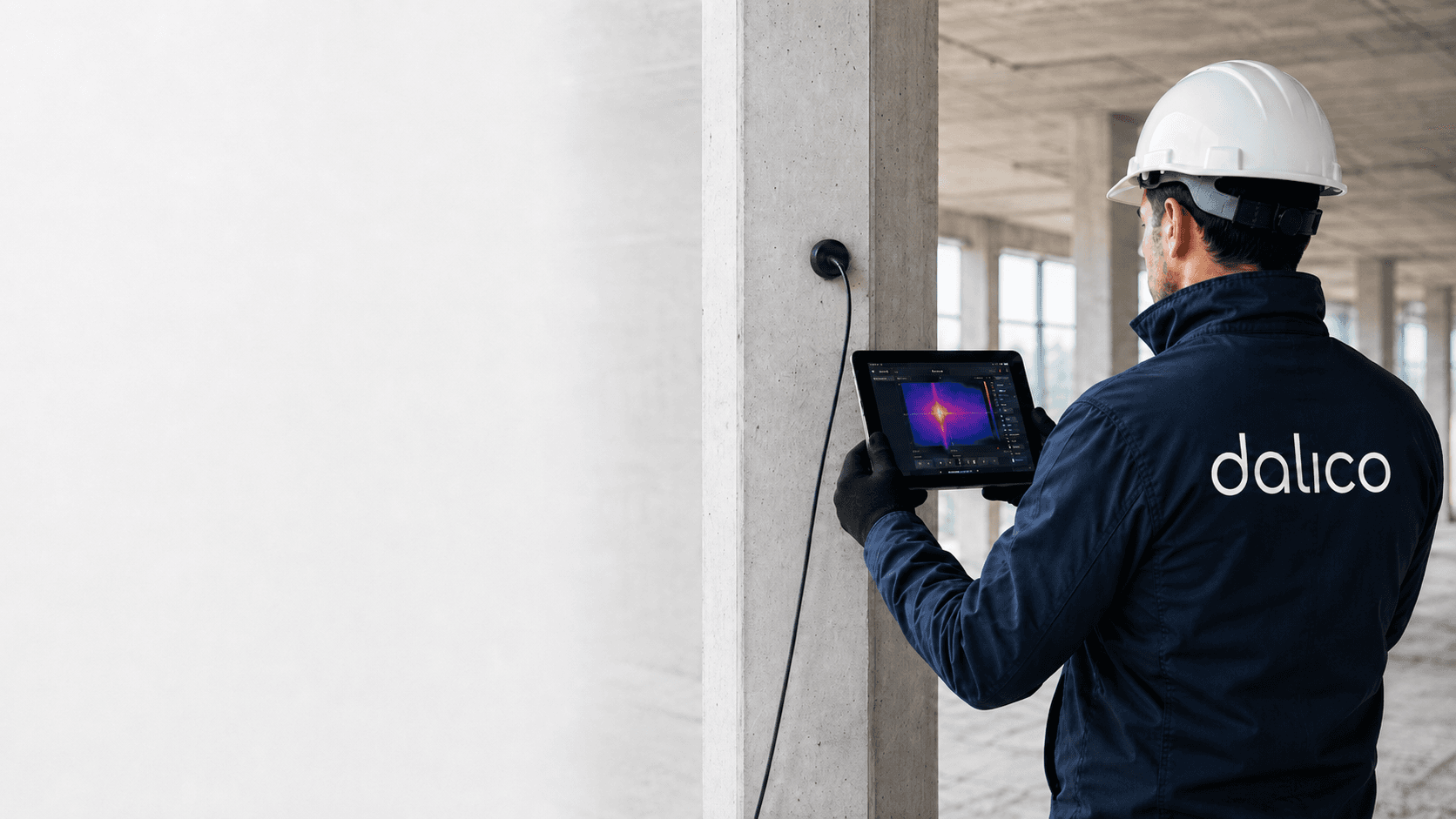 Technicien Dalico réalisant une investigation technique sur un poteau béton avec une tablette thermique